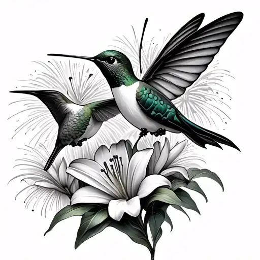 Hummingbird With Butterfly Wings With Lily Flowers And Fireworks
