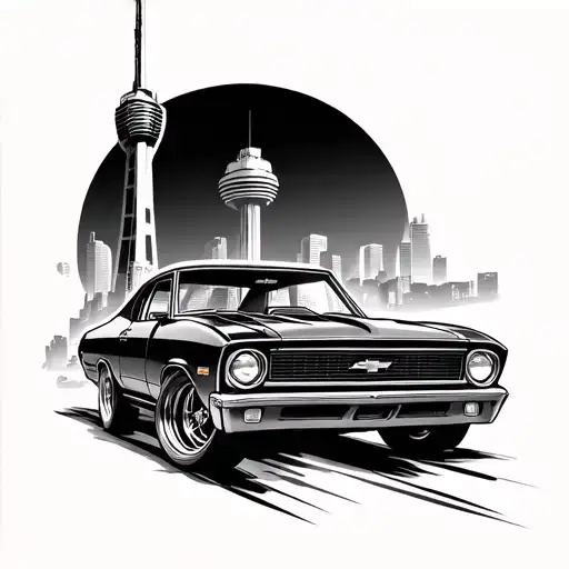Make A Tattoo Of Chevy Nova Car With Milad Tower In Background