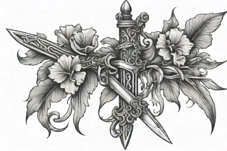 Sword Entwined With Iris Flower Growing