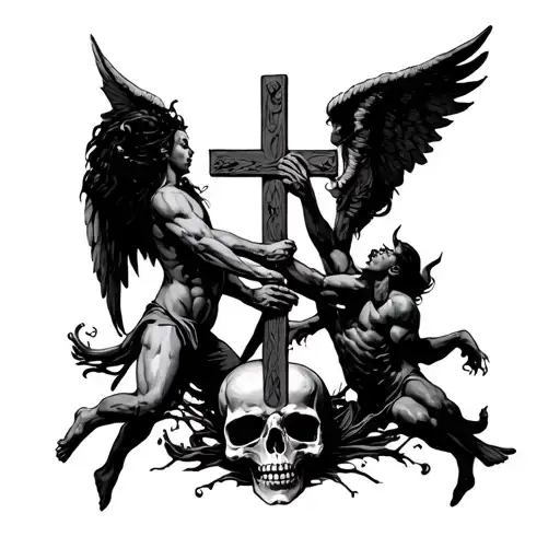 Angel And Demon Fighting Around A Cross Going Through A Skull