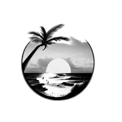 A Palm Tree And Beach Sunset With Waves