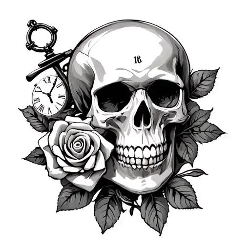 Anchor Clock Fists Of The Children's Skull With Clock And Rose