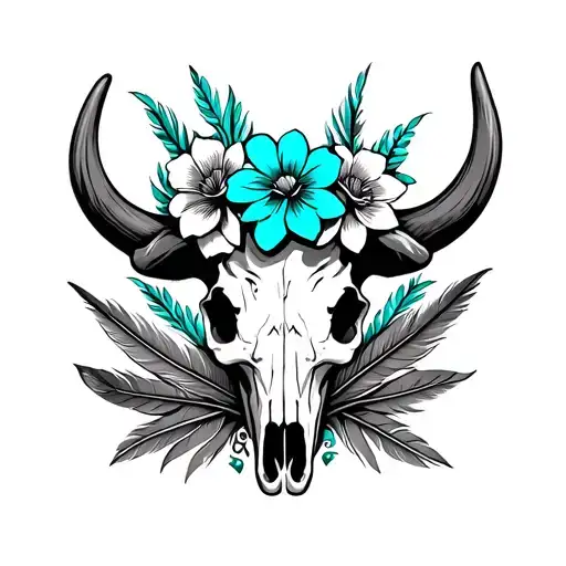 Western Cow Skull Flowers And Feathers Turquoise