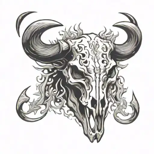 Bull Skull With Flames Surrounding The Horns