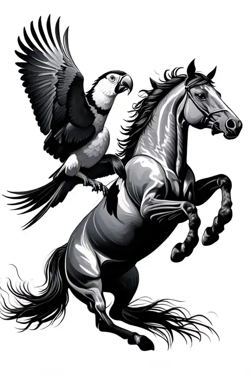 Horse Jumping With Macaw Flying Together