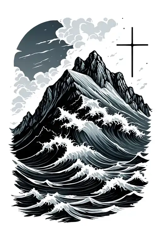 Mountain With A Cross With Ocean Waves Flowing