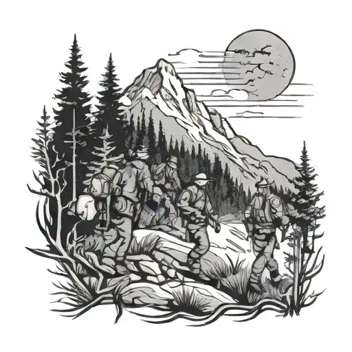 A Sheriff Deputy Leading A Group Of Hikers Through A Dark Forest With Mountains In The Background