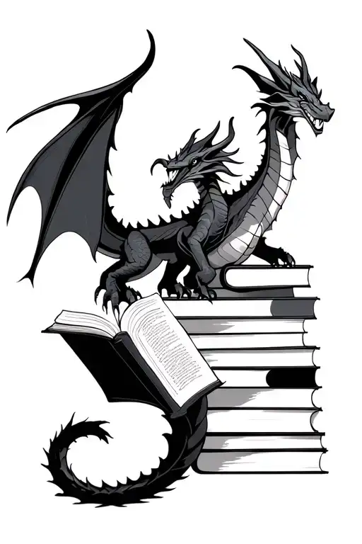 Sophisticated Black And Grey Dragon Next To A Tower Of Books While Reading