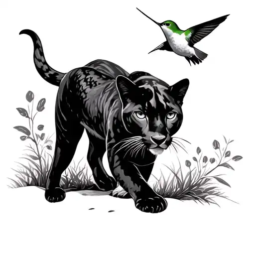 Panther Walking Towards With Hummingbird And Deer