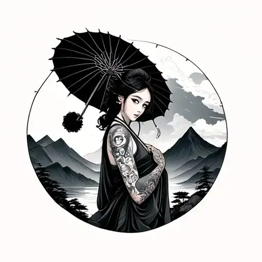 Japanese Girl With Tattoos And Unbrella Sun Mountain