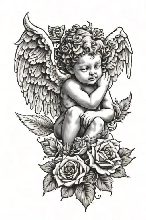 Cherub Angel With Roses Wrapped
