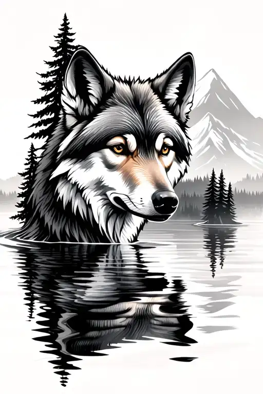 A Little Wolf Reflected As An Adult In Water And With Trees And A Mountain In The Background