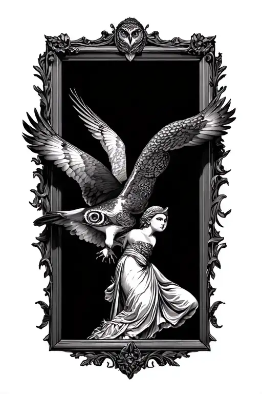 Athena And Owl Flying Inside Vintage Frame