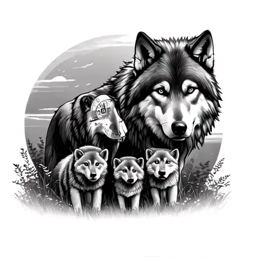 Wolf With 2 Cubs In A Sunset Woodland Scene Featuring A Roman Clock Face