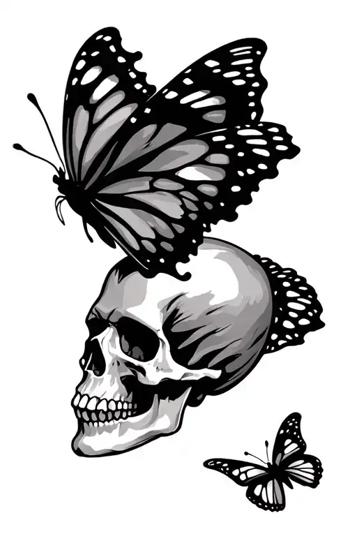 Skull And Butterfly Flying