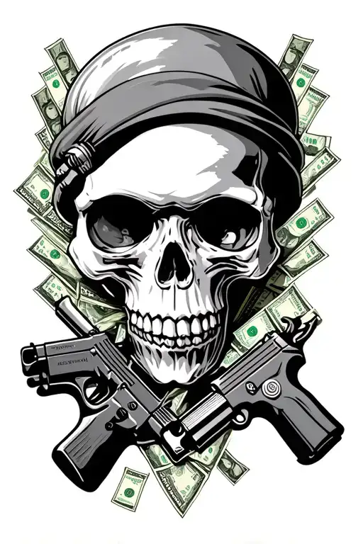 Gangsta Skull With Drugs And Guns Money Drugs