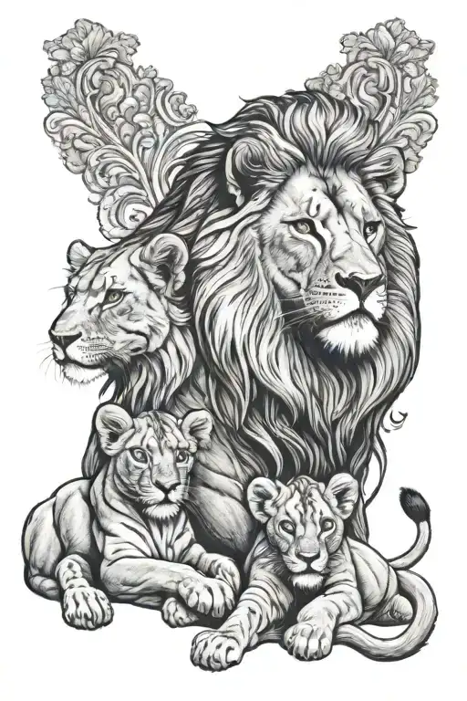 Adult Male Lion Protecting His Three Cubs Playing