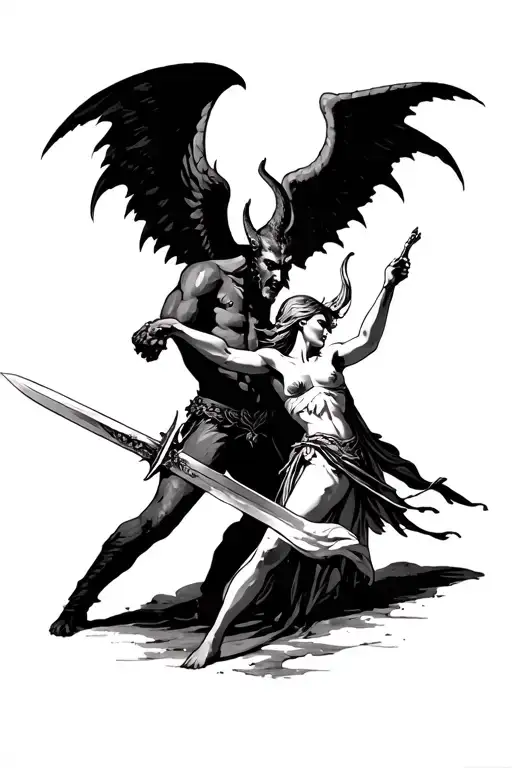 A Tattoo Of A Devil And An Angel Holding A Sword Fighting Each Other