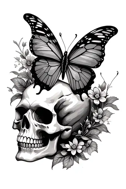 Skull And Butterfly Flying Together