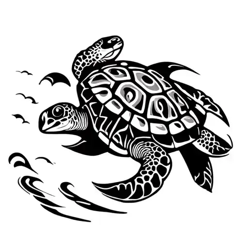 Tribal Turtle Surrounded By Waves