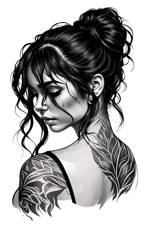 Silhouette Of Woman With Thick Ponytail Fine Line