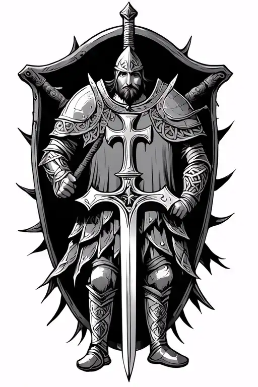 Celtic Knight With Sword And Cross Shield