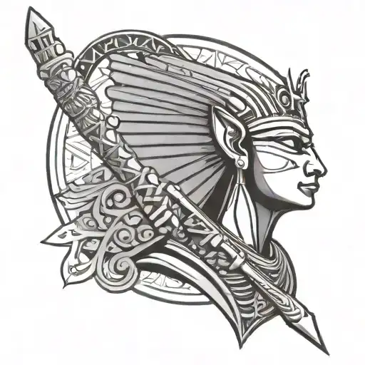 A Black-grey Tattoo Of A Powerful Egyptian Deity Holding A Staff With Hieroglyphics