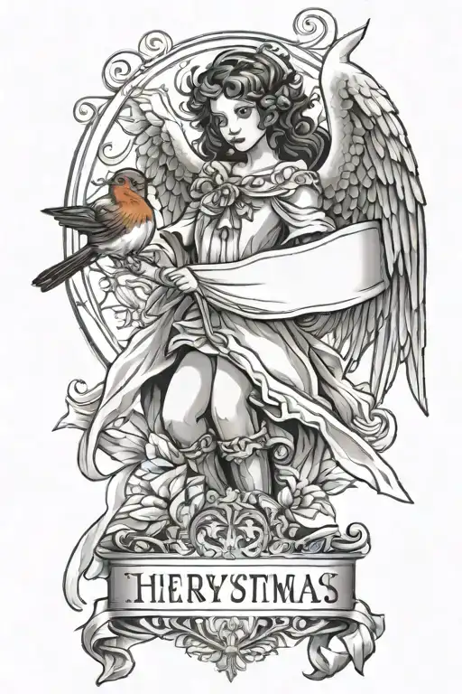 A Christmas Angel And A Robin Bird Holding A Banner