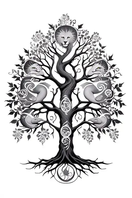 Tree Of Life Intertwined With Leo And Pisces Symbols