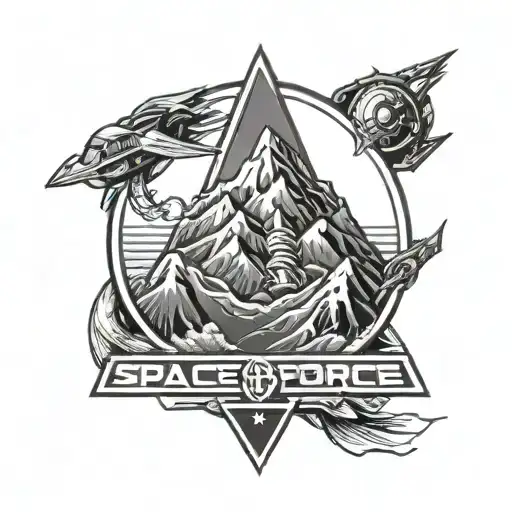 A Powerful Black-grey Tattoo Of A Space Force Emblem Intertwined With Rugged Mountain Peaks