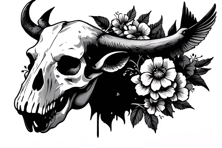 Bull Skull With Birds And Flowers