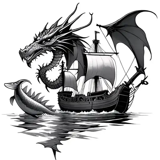 Dragon Catches Fish Next To A Viking Ship