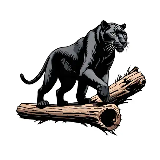 Tattoo Of A Black Panther Walking On Log