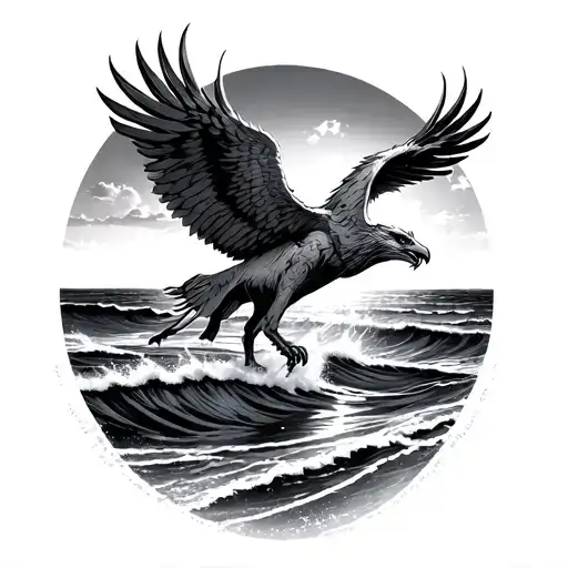 Mythical Griffin Landing Over The Breaking Tide During Sunset On The Beach