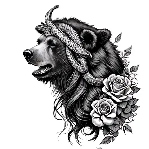 Lady Head With Grizzly Bear Headdress That Incorporates A Snake And Roses
