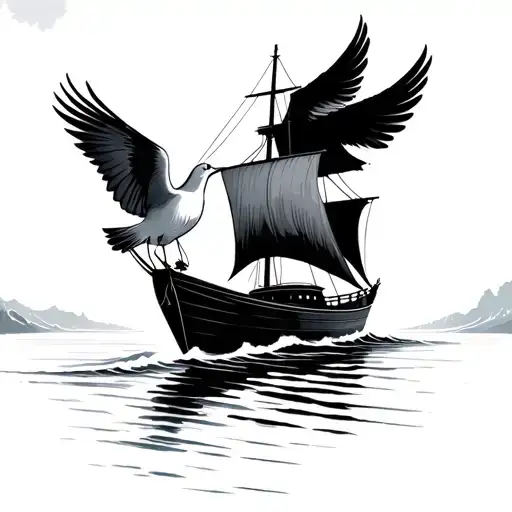 Boat Sailing On Waves With Dove Carrying