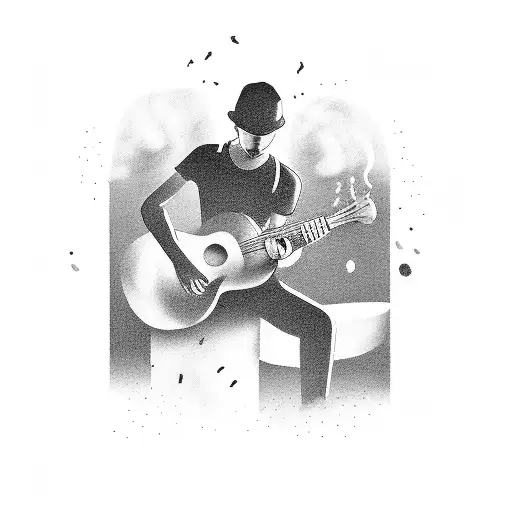 A Solitary Figure Playing A Melancholic Tune On A Guitar Surrounded By Smoke And Empty Bottles