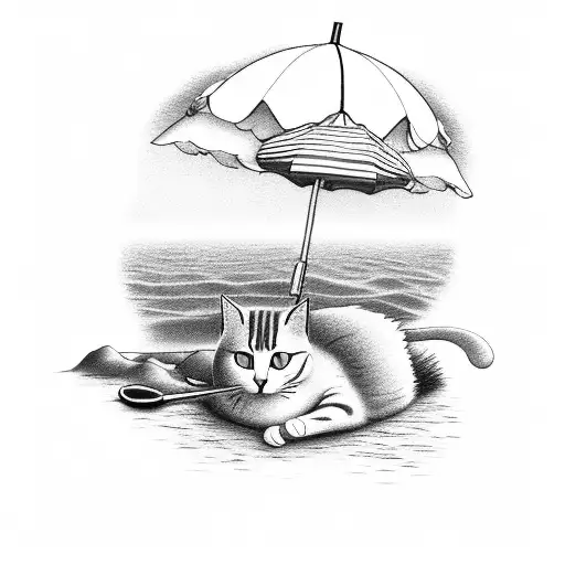 A Serene Beach Scene With A Cat Relaxing Under An Umbrella