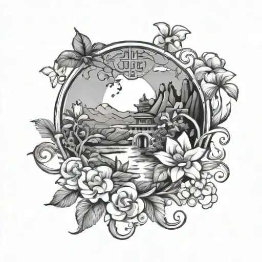 A Black And Grey Tattoo Of A Paradise Landscape With A God Symbol And Blooming Flowers