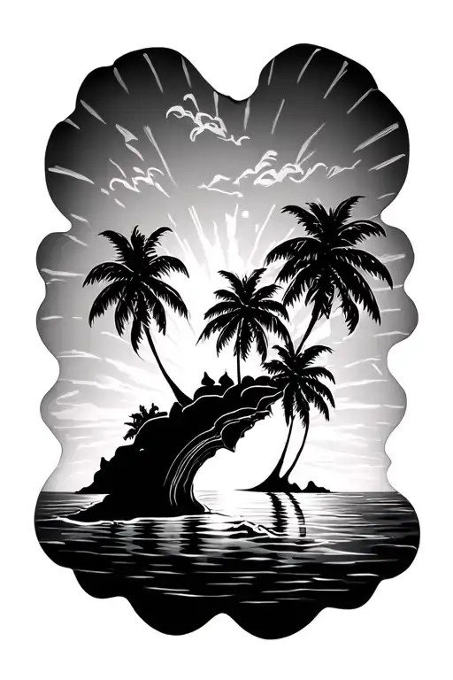 A Conch Shell Resembling An Island With Palm Trees In The Sunset