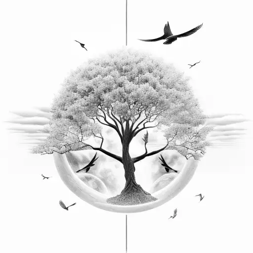 Tree Of Life With Flying Birds