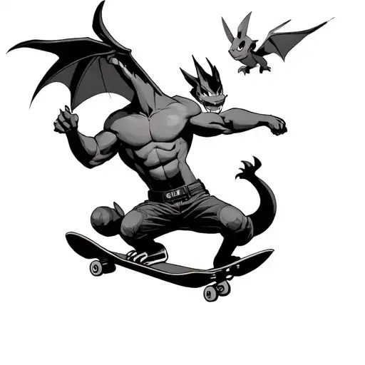 A Muscular Ash Riding A Skateboard With A Charizard Flying In The Background