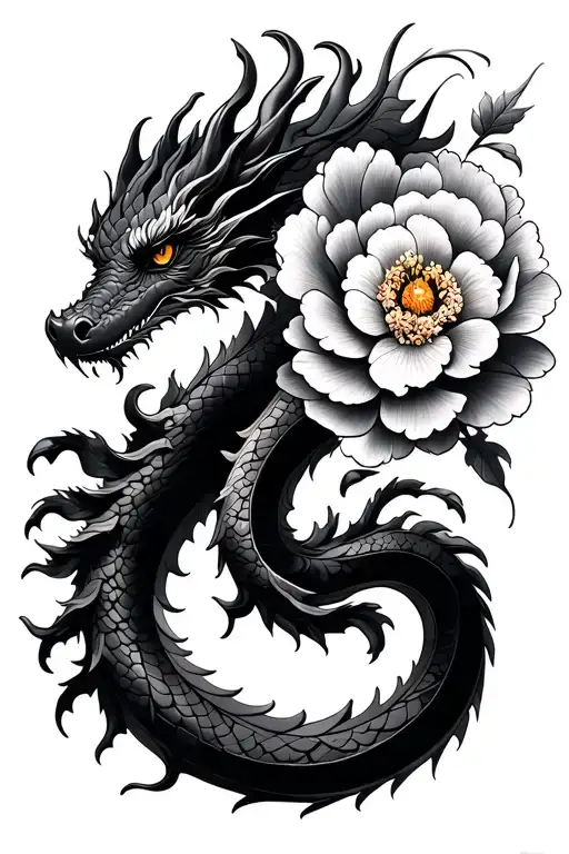 Dragon With Flower Peony Flowers