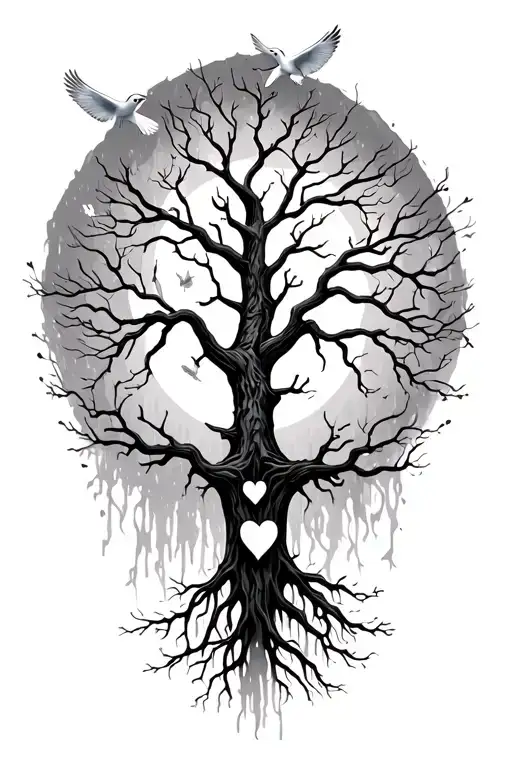 Tree With No Leaves And Doves And Heart Roots Reaching Deep