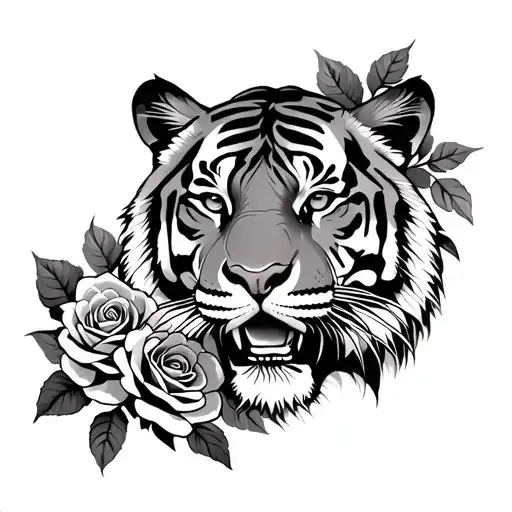 Tiger With Roses Blooming