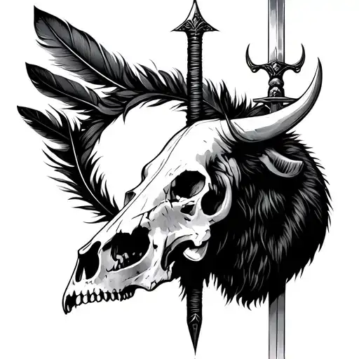 Sword Going Through Buffalo Skull Vertically With Feather