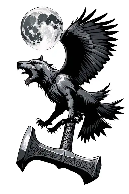 Mjolnir Hammer Wolf Howling At The Moon Raven Flying