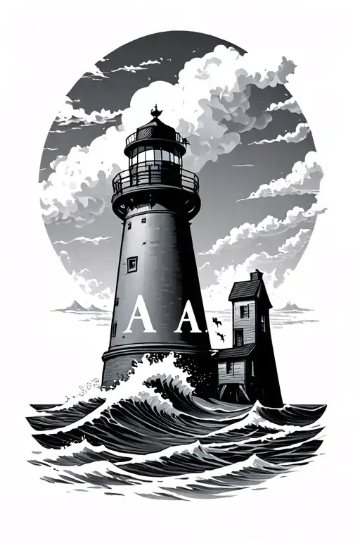 Lighthouse With Waves Crashing And The Letter A On The Front