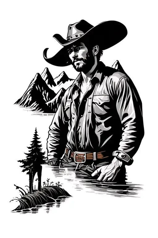Cowboy Standing Next To River And Mountain