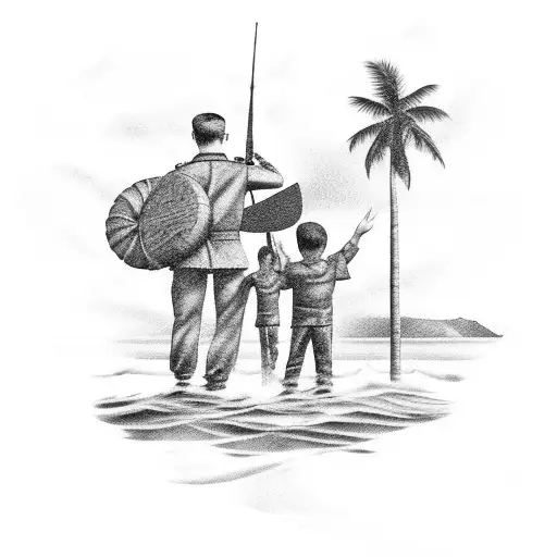 Father And Son Army Salute With A Palm Tree And Ocean Waves In The Background